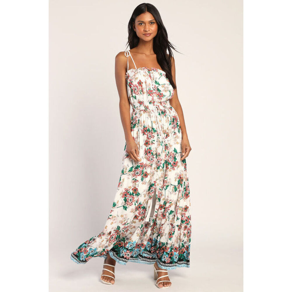 Always Excelling Ivory Floral Tie-Strap Button-Front Maxi Dress